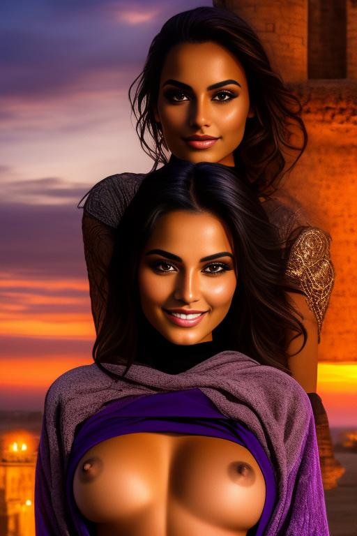 Image: two moroccan top models purple sunset castle fantasy extreme closeup face eyes  black clothes smile legs shirtliftv308 shirtlift