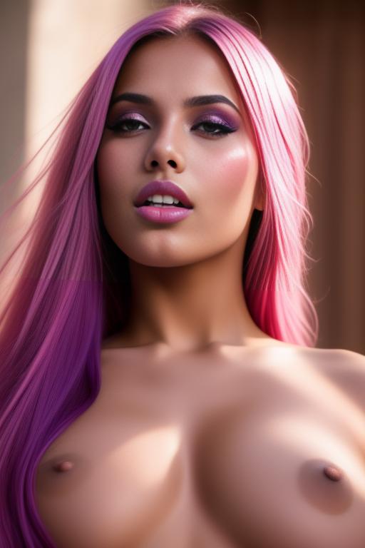 Image: moroccan sexy top model close up blue and red long hair  blonde and pink purple hairclose face shot closed eyes teasing look boobs spreading legs pussy hot mouth closing eyes