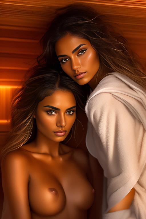 Image: two woman top models cudling touching  tanned Art Style bestquality hyperdetailed ultradetailed Ethnicity Moroccan  Camera face extreme closeup eyes  hair long  sauna black towel  tshirt joggings  dressskirtliftv409 skirtlift skirt legs