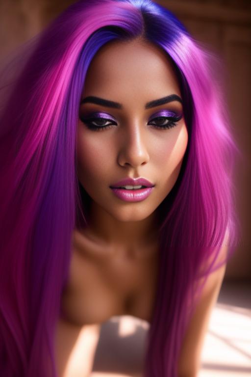 Image: moroccan sexy top model close up blue and red long hair  bonde and pink purple hairclose face shot kneeling riding closed eyes teasing look boobs