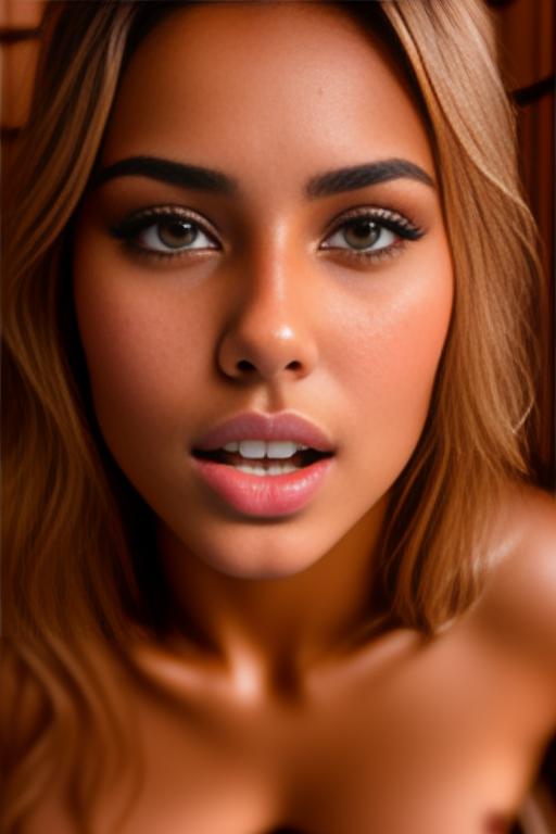 Image: Female Moroccan top model  face close up   kneeling in  sauna nude shot from above  open mouth dry hair covered sperm beautiful eyes