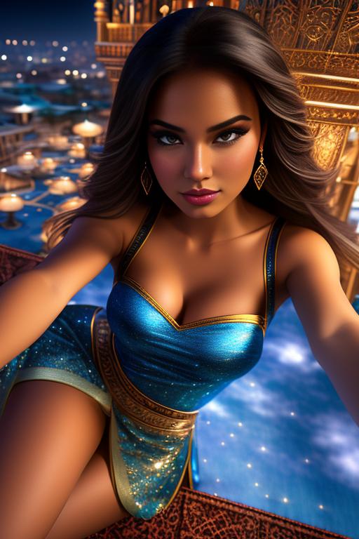 Jasmine Disney , sitting on (flying  )  carpet high in night sky, camera from below looking upwards, nbr_models_one One Top Model, art_style_hyper_detailed Hyper Detailed, camera_close_up Close-Up