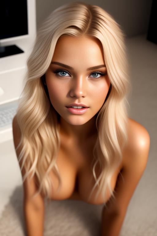 Image: russian blonde top model next to gaming pc  from above facecloseup hot wet shy teasing nude