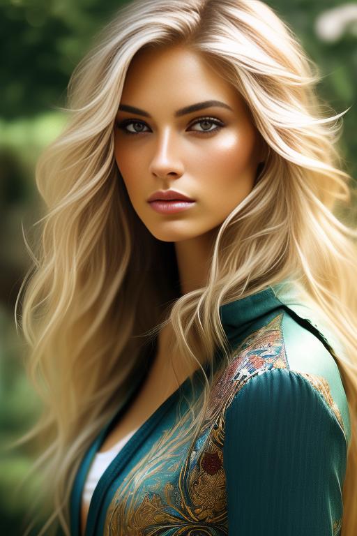 Image: Blonde  nbrmodelsone One Top Model ethnicitycaucasian Caucasian backgroundgarden Garden artstylehyperdetailed Hyper Detailed camerafacecloseup Face CloseUp
