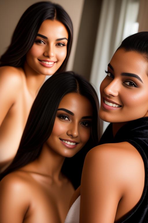 Image: Two hot Moroccan top model and masseuse close up smile standing at hotel massage room black closed bathrobe