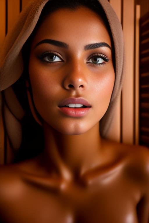 Image: Female Moroccan top model  face close up   kneeling in  sauna nude shot from above  open mouth dry hair covered sperm beautiful eyes