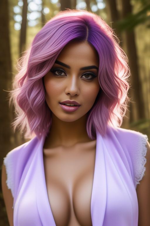 Image: Two Moroccan  top models in sunny woods purple and pink hairclose up white open vest sexy boobs