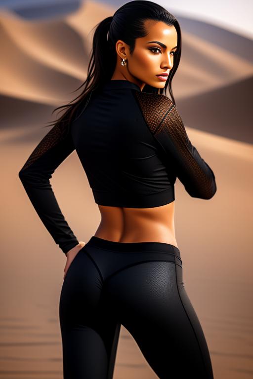 Image: Wearing black leggings  running camera from behind  fit but nbrmodelstwo Two Top Models ethnicitymoroccan Moroccan backgrounddesert Desert artstylehyperdetailed Hyper Detailed cameracloseup CloseUp nbrmodelsone One Top Model ethnicitycaucasian Caucasian artstylehyperdetailed Hyper Detailed cameracloseup CloseUp