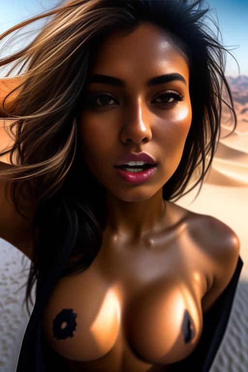 Wearing torn open black tshirt, , eyes,  female top models,( camera shot from above, from the sky downwards), (face extreme close-up ), arms up, (big round sucking open happy mouth), nbr_models_one One Top Model, ethnicity_moroccan Moroccan, dress_shirtlift Shirtlift, background_desert Desert, art_style_hyper_detailed Hyper Detailed, camera_close_up Close-Up, <dress_shirtlift:0.0>