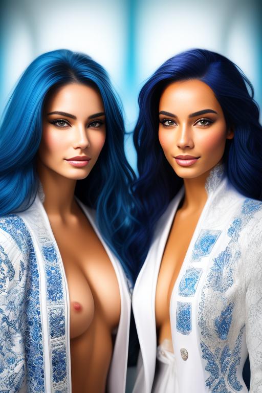 Image: Hair Color blue and red Ethnicity Moroccan Art Style bestquality hyperdetailed ultradetailed Nsfw nsfw Nbrmodels Two top models Dressqty open whitejacket smiling  face close up