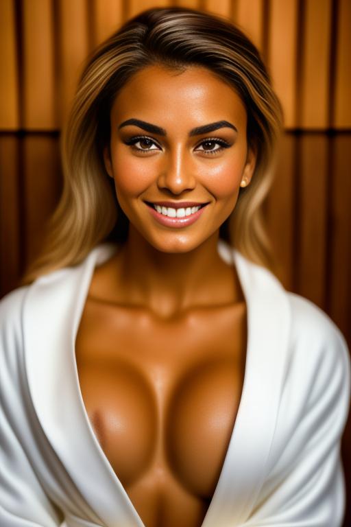 Image: one woman top model tanned Art Style bestquality camera shot face extreme closeup hyperdetailed ultradetailed Ethnicity Moroccan  sauna  white open bathrobe  smiling holding touching positionTitfuckRealistic05 1 boy penis  titfuck