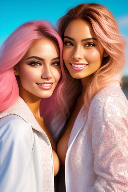 Image: Hair Color pastelPink Ethnicity Moroccan Art Style bestquality hyperdetailed ultradetailed Nsfw nsfw Nbrmodels Two top models Dressqty open whitejacket smiling  face close up