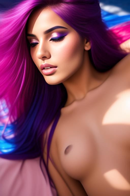 Image: moroccan sexy top models close up blue and red long hair  bonde and pink purple hairclose face shot laying above her closed eyes intense look