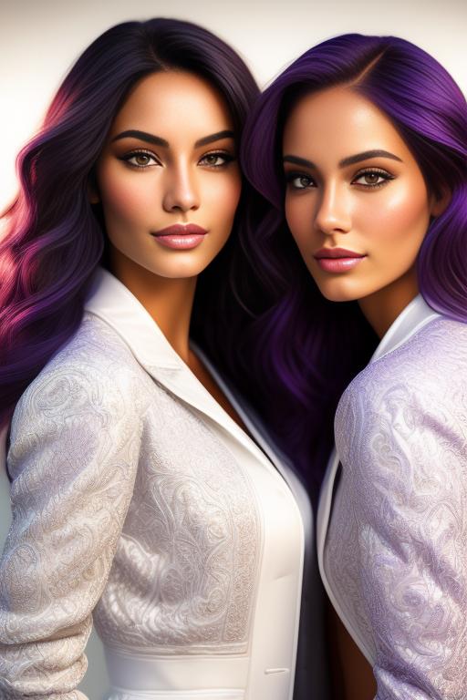Image: Hair Color purple Ethnicity Moroccan Art Style bestquality hyperdetailed ultradetailed Nsfw nsfw Nbrmodels Two top models Dressqty open whitejacket smiling  face close up