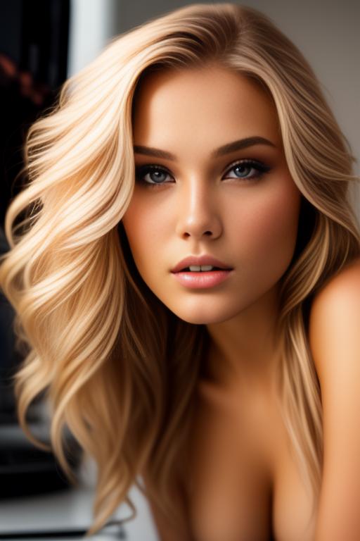 Image: russian blonde top model next to gaming pc  from below facecloseup hot