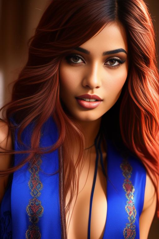 Image: two  moroccan sexy top models close up  blue and red long hair open vest teasing