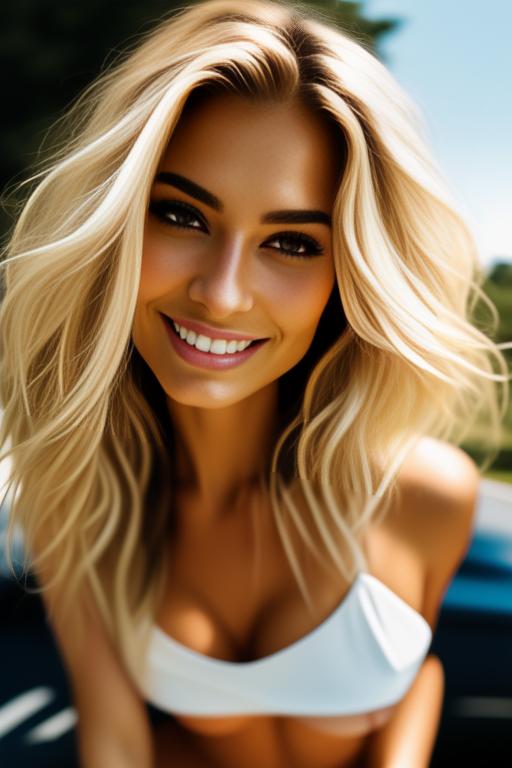 Image: blonde  nbrmodelsone One Top Model ethnicitycaucasian Caucasian dressnaked Naked positionsmiling Smiling backgroundcar Car backgroundgarden Garden artstylehyperdetailed Hyper Detailed cameracloseup CloseUp cameraextremecloseup Extreme CloseUp camerafacecloseup Face CloseUp
