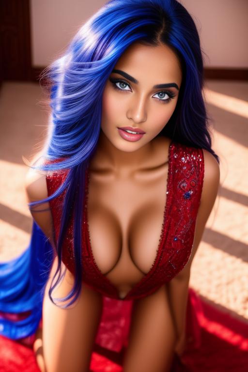 Image: moroccan sexy top models close up  blue and red long hair open sexy vest hot lips no underwear kneeling close face shot from above