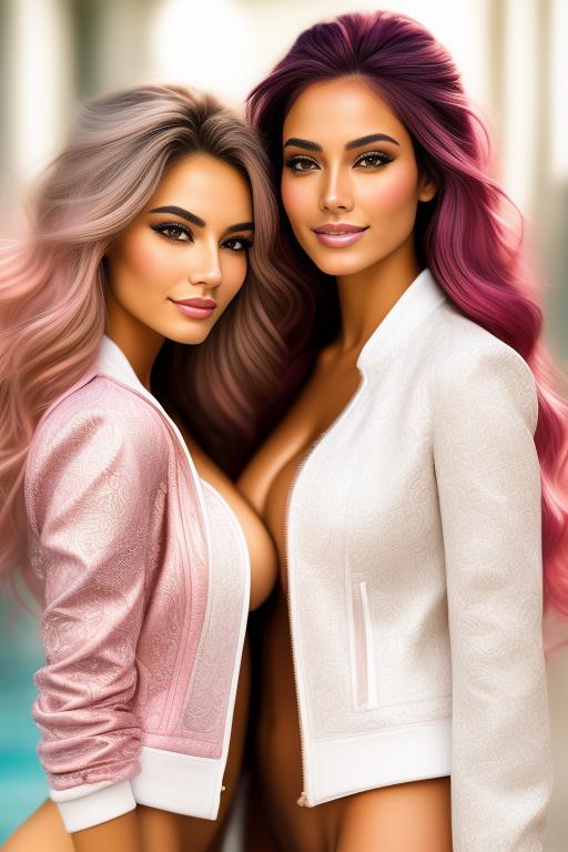 Image: Hair Color pastelPink Ethnicity Moroccan Art Style bestquality hyperdetailed ultradetailed Nsfw nsfw Nbrmodels Two top models Dressqty open whitejacket smiling  face close up