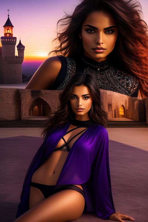 Image: two moroccan top models purple sunset castle fantasy extreme closeup face eyes  black clothes happy legs