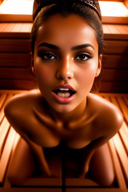 Image: Female Moroccan top model  face close up   kneeling in  sauna nude shot from above  open mouth dry