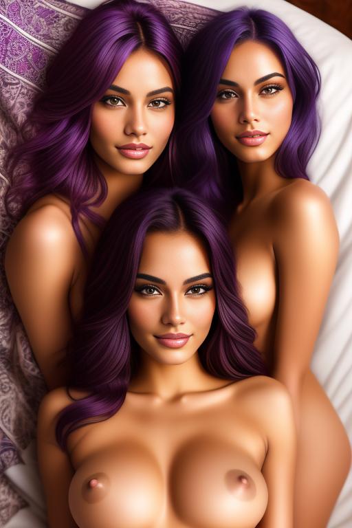 Image: Hair Color purple Ethnicity Moroccan Art Style bestquality hyperdetailed ultradetailed nsfw nsfw Nbrmodels Two top models in bed smiling   face close up from above or behind