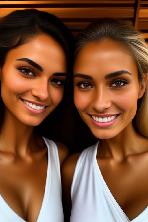 Image: two woman top model tanned Art Style bestquality camera shot face extreme closeup hyperdetailed ultradetailed Ethnicity Moroccan   sauna  white sports apparel  smiling holding touching  artStylebestquality hyperdetailed ultradetailed nsfwnsfw dressshirtliftv304 shirtlift