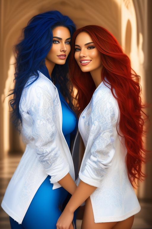 Image: Hair Color blue and red Ethnicity Moroccan Art Style bestquality hyperdetailed ultradetailed Nsfw nsfw Nbrmodels Two top models Dressqty open whitejacket smiling  face close up