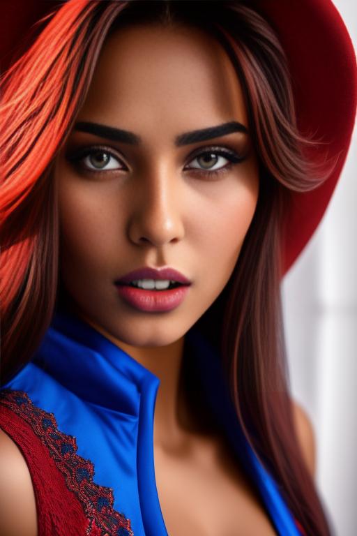 Image: two  moroccan sexy top models close up  blue and red long hair open vest hot mouth