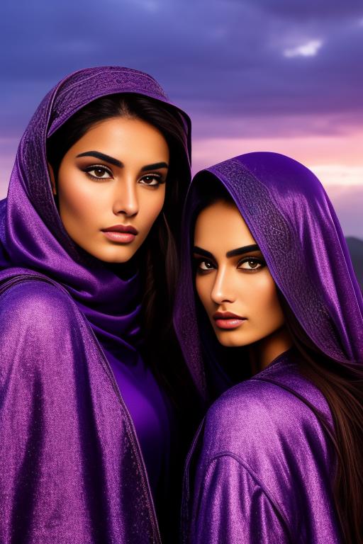 Image: two moroccan top models purple sky castle fantasy extreme closeup