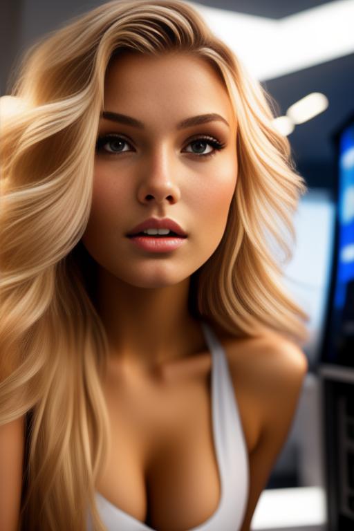 Image: russian blonde top model next to gaming pc  from below facecloseup hot