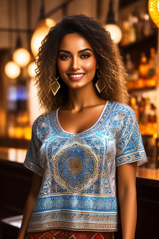 Image: Moroccan style tshirt  nbrmodelsone One Top Model ethnicitymoroccan Moroccan positionsmiling Smiling backgroundbar Bar artstylehyperdetailed Hyper Detailed cameracloseup CloseUp