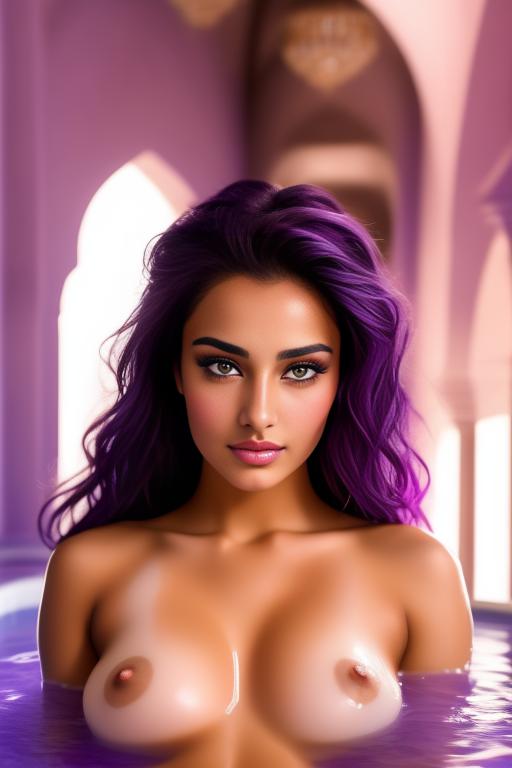 Image: two moroccan top models  goergeous eyes face close up in bath purple decor kissing boobs sucking dick