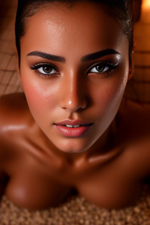 Image: Female Moroccan top model  face eyes extreme close up shot  wet kneeling in massage sauna nude shot from above  sperm in face