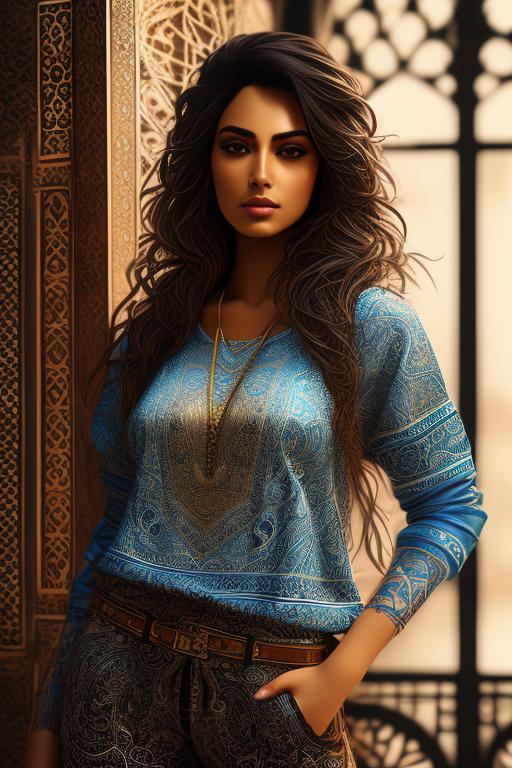 Image: Art Style bestquality hyperdetailed ultradetailed Ethnicity Moroccan Dressqty wearing pants sexy tshirt Camera closeup