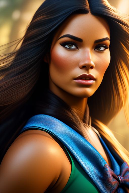Pocahontas Disney , chasing with bow , riding horse, nbr_models_one One Top Model, art_style_hyper_detailed Hyper Detailed, camera_close_up Close-Up