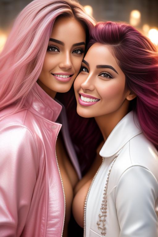 Image: Hair Color pastelPink Ethnicity Moroccan Art Style bestquality hyperdetailed ultradetailed Nsfw nsfw Nbrmodels Two top models Dressqty open whitejacket smiling  face close up kissing completely wet
