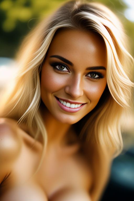 Image: blonde  nbrmodelsone One Top Model ethnicitycaucasian Caucasian dressnaked Naked positionsmiling Smiling backgroundcar Car backgroundgarden Garden artstylehyperdetailed Hyper Detailed cameracloseup CloseUp cameraextremecloseup Extreme CloseUp camerafacecloseup Face CloseUp