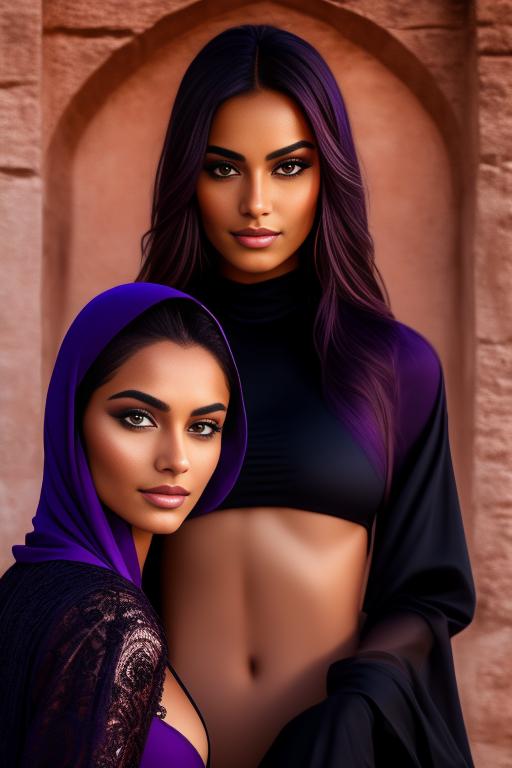 Image: two moroccan top models purple sunset castle fantasy extreme closeup face eyes  black clothes smile legs nude