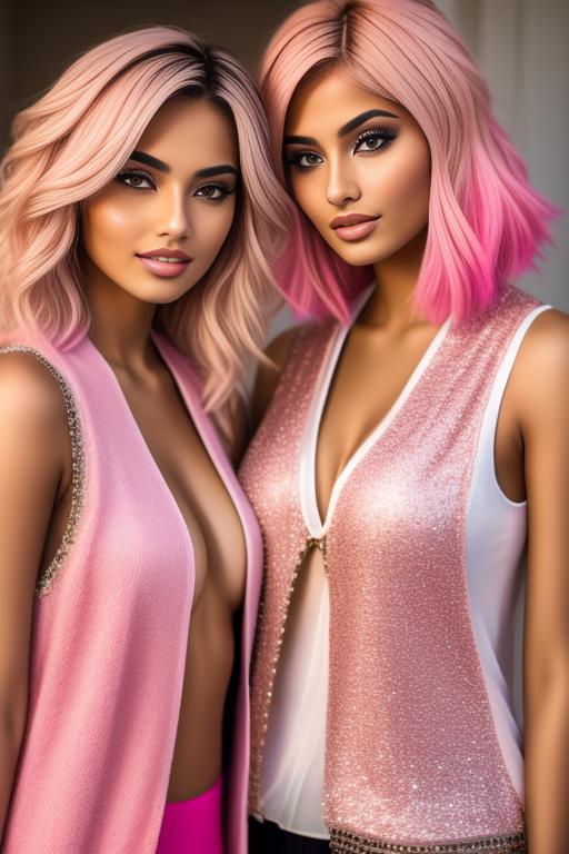 Image: two  moroccan sexy top models close up  blonde and pink hair open vest