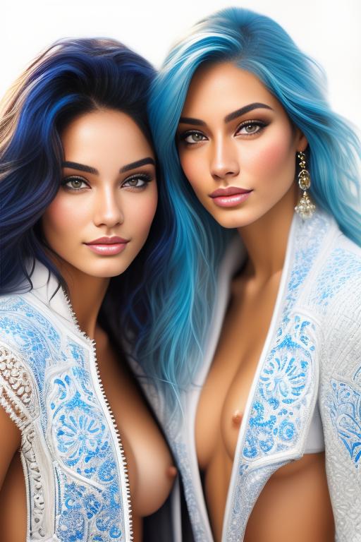 Image: Hair Color blue Ethnicity Moroccan Art Style bestquality hyperdetailed ultradetailed Nsfw nsfw Nbrmodels Two top models Dressqty open whitejacket smiling  face close up