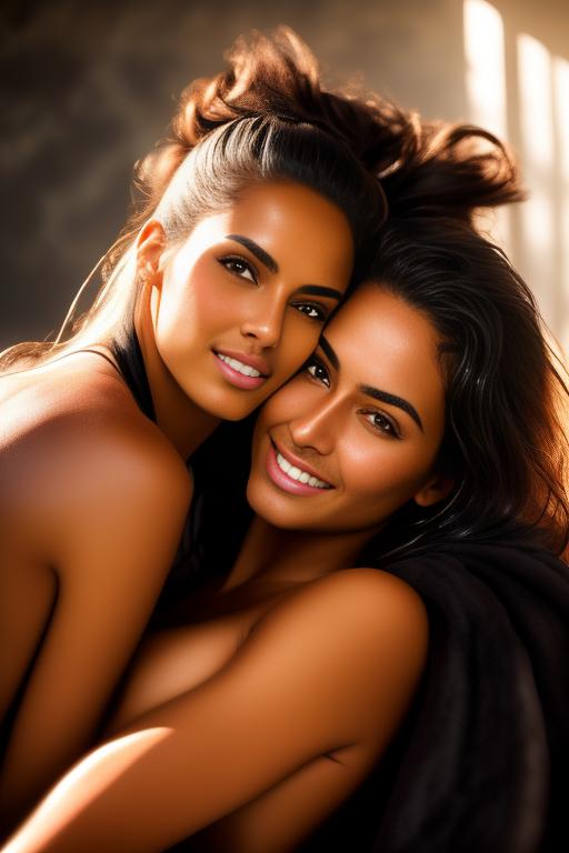 Image: two woman top models cudling touching cumming  tanned Art Style bestquality hyperdetailed ultradetailed Ethnicity Moroccan nude Camera  face extreme closeup  teasing mouth  in bed hair long laughing wet massage   black bathrobe