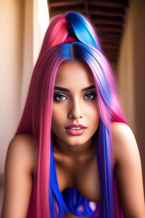 Image: moroccan sexy top models close up  blue and red long hair  bonde and pink hair  open sexy vest hot lips no underwear kneeling close face shot from under beneath her