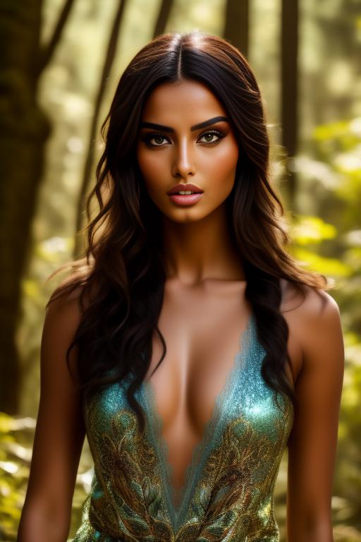 Image: A sexy Moroccan top model face focus on a big sunny forest with monsters harassing her