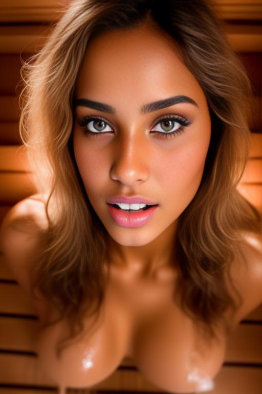 Image: Female Moroccan top model  face close up   kneeling in  sauna nude shot from above  open mouth dry hair covered sperm beautiful eyes