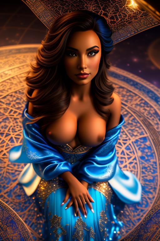 Jasmine Disney , sitting on (flying  )  carpet high in night sky, camera from below looking upwards, nbr_models_one One Top Model, art_style_hyper_detailed Hyper Detailed, camera_close_up Close-Up