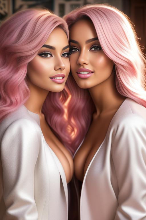 Image: Hair Color pastelPink Ethnicity Moroccan Art Style bestquality hyperdetailed ultradetailed Nsfw nsfw Nbrmodels Two top models Dressqty open whitejacket smiling  face close up kissing on four legs