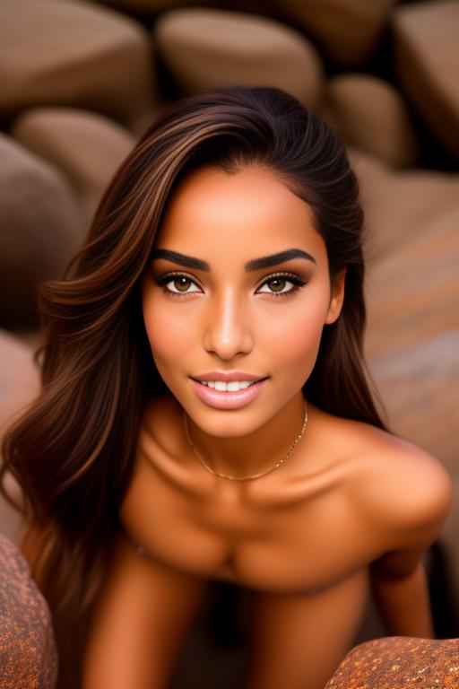 Image: Moroccan Top model beauty holding  sports sexy outfit  gentlesmile   close up shot  in rocky rocks no panties  face close up shot from below kneeling open mouth focus on eyes sucking