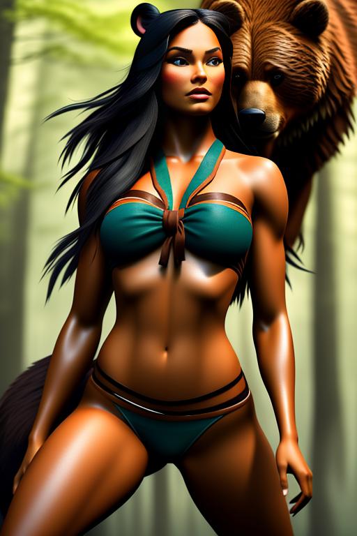 Pocahontas Disney , chasing with bow , fighting with ( brown bear), legs, torn open clothes, nbr_models_one One Top Model, art_style_hyper_detailed Hyper Detailed, camera_close_up Close-Up