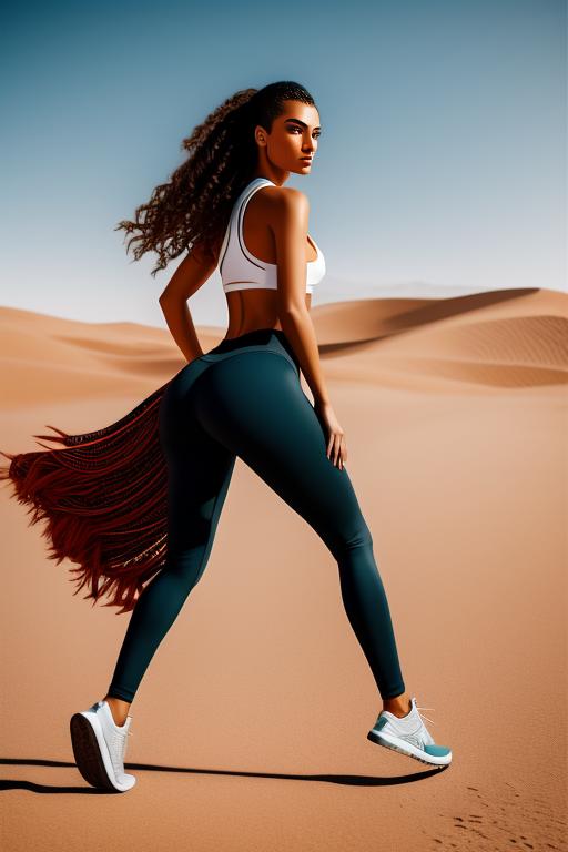 Image: In stretch leggings  running camera from behind  tight but nbrmodelstwo Two Top Models ethnicitymoroccan Moroccan backgrounddesert Desert artstylehyperdetailed Hyper Detailed cameracloseup CloseUp